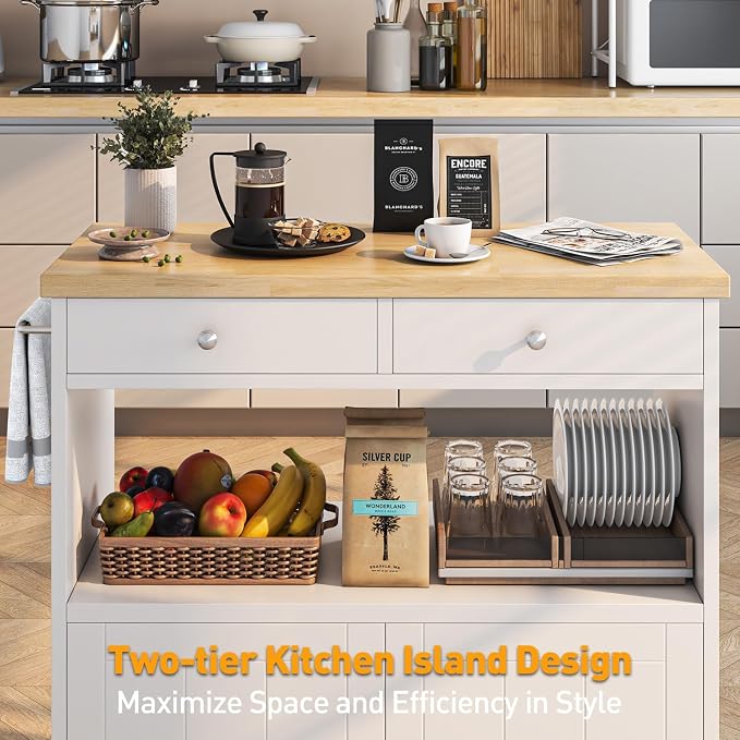knoworld Rolling Kitchen Island with Storage Cabinet, 35.4'' Width Kitchen Cart, 2 Drawers Island Table, Portable Mobile Kitchen Island with Towel Rack, Wood Top and Lockable Wheels, White - Image 6