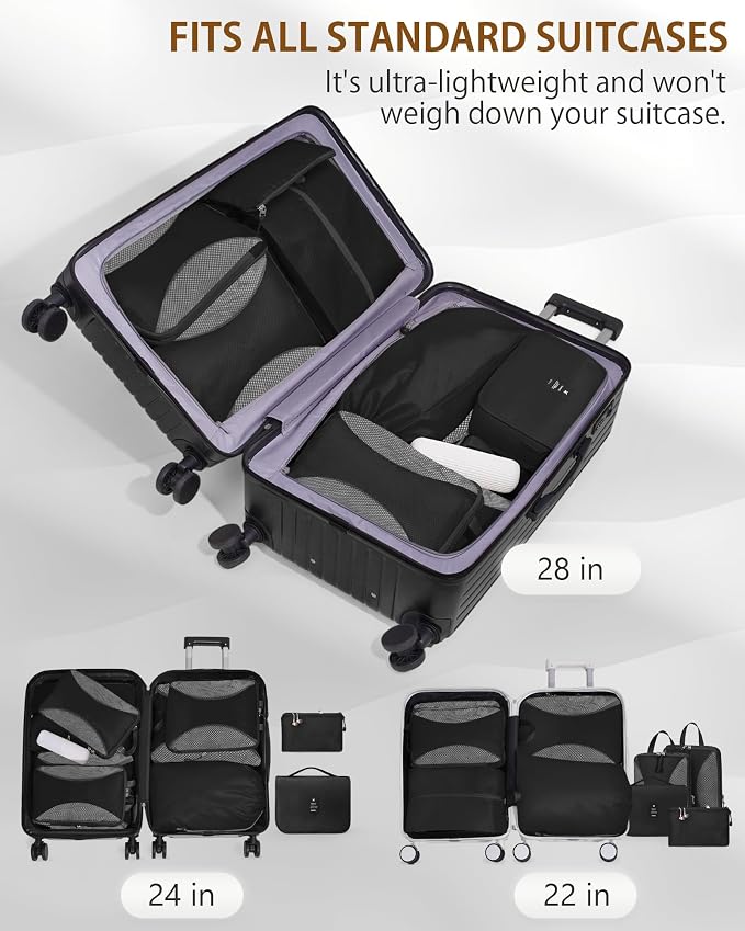 12-Piece Expandable Compression Packing Cubes, Space Saving Suitcase Organizers for Travel, Heavy Duty Luggage Storage Pouches Set, Black - Image 9