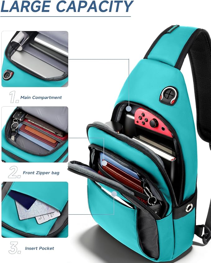 Anti-Theft Sling Bag for Women, Water Resistant Crossbody Backpack, Travel Hiking Chest Pack, Summer Travel Essentials for Beach, Theme Park & College, Fits 11 inch iPad & Switch 2, Turquoise - Image 3