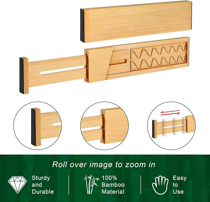 4 Pack Bamboo Drawer Dividers Organizer with Inserts 2.6'' High | Expandable from 12.5-21.7", Adjustable Drawer Organizer Separators for Utensils, Clothing, Office, Dresser, Bedroom, (Beige) - Image 8