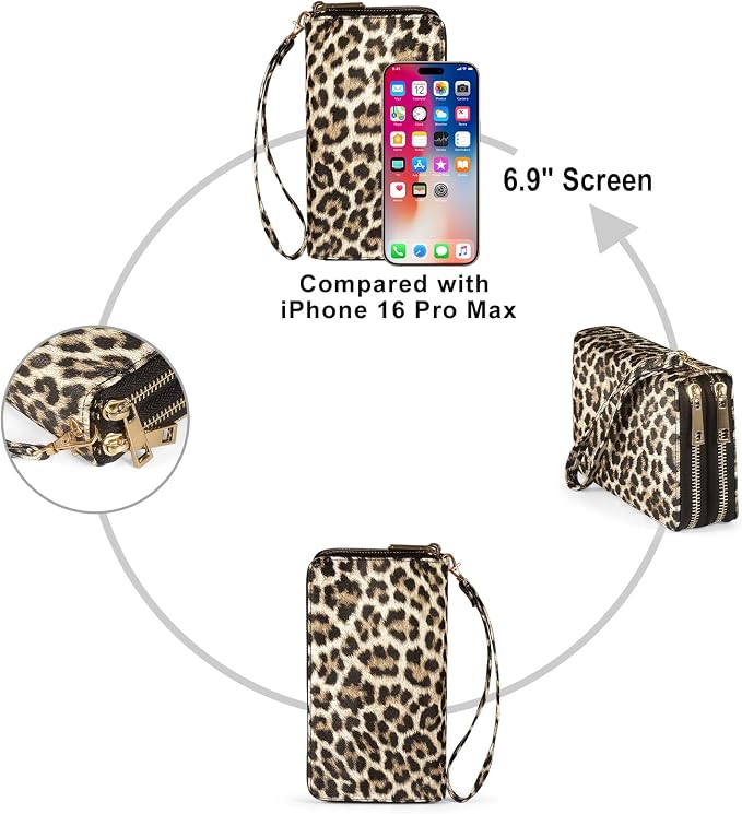 RFID Blocking Cellphone Wallet for Women with Removable Strap, Double Zipper Wristlet Bag Large Capacity, Passport Travel Clutch Purse, Leopard - Image 6