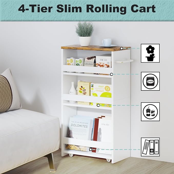 MARTY Slim Rolling Storage Cart 7.9" W Laundry Cart with Wheels,Brown+White | Narrow Utility Cart Between Washer and Dryer, 3 Tier Mobile Shelving Unit for Kitchen, Laundry, Bathroom, Office, Living Room - Image 8