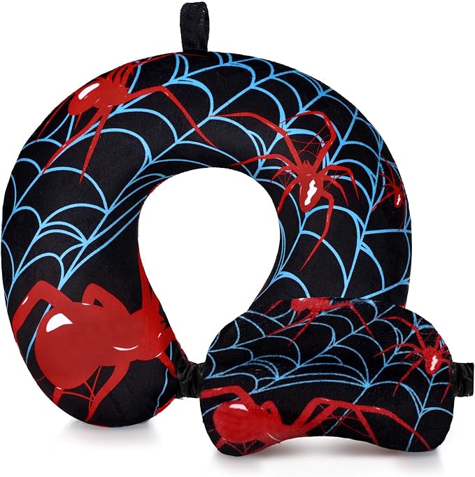 Gilprop 2 Pcs Spiderweb Travel Pillow with Sleep Eye Mask, U Shaped Memory Foam Headrest & Neck Pillow with Washable Cover, Soft Neck Head Support Travel Accessories for Airplane Car Train Bus Trips by Gilprop
