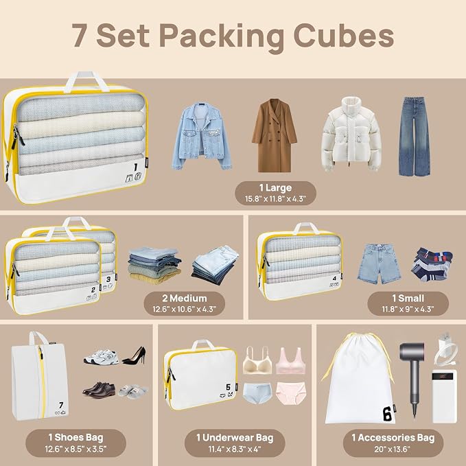 7 Set Compression Packing Cubes for Travel, Luggage Organizer Bags for Suitcases with Mesh Panels, Shoe Bag & Toiletry Bag for Carry On, Vacation & Cruise Essentials (White) - Image 5