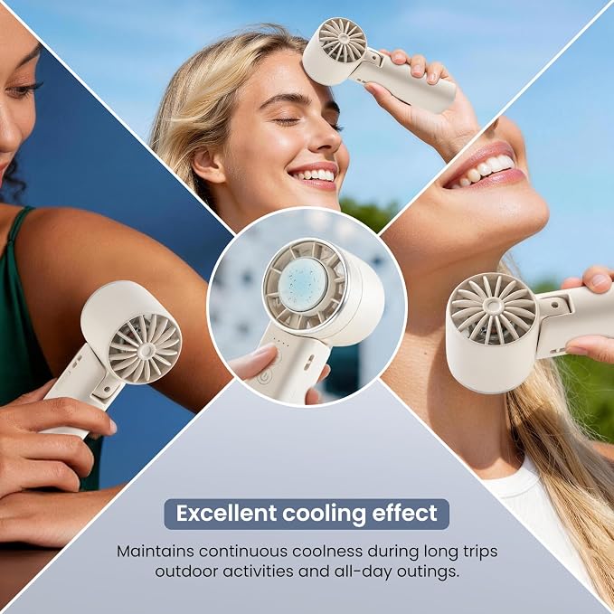 Hand Held Fan - 4 Speeds Adjustable 4800mAh,Foldable,Lightweight Neck-Worn Design,Beach Vacation Essentials,Portable Fan for Travel,Cooling for Camping Outdoor and Indoor - Beige - Image 5