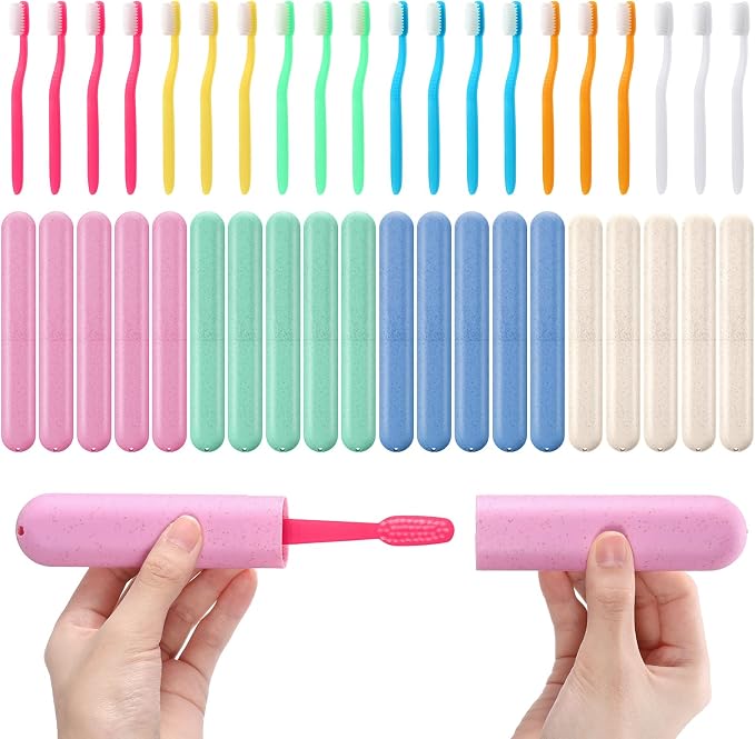 LemonRoad 40 Pcs Travel Toothbrush Holder Sets 20 Disposable Toothbrush Individually Wrapped 20 Portable Tooth Brush Case Covers with Ventilation Holes for Travel, Home, Camping, Hotel(Macron) by Unknown