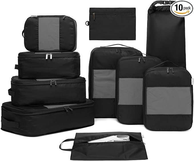 10-Pack Large Compression Packing Cubes for Travel - Lightweight Compression Packing Cube Set, Water-Resistant Luggage Organizer Bags & Suitcase Organizers, Travel Cubes for Carry-On, Checked Luggage by NookTheory