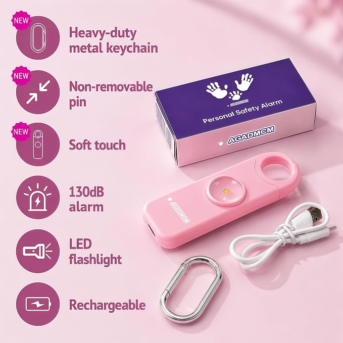 Rechargeable Personal Safety Alarm for Women | 130dB Loud Siren & Strobe Light & Low Battery Notice, Emergency Keychain Alarm for Self Defense (Baby Pink) - Image 2