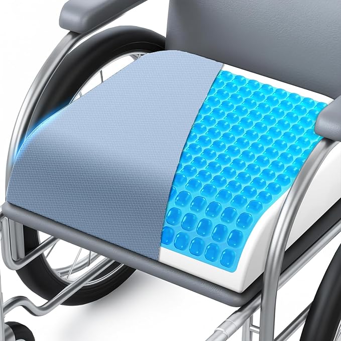 Wheelchair Seat Cushion for Pressure Relief, Cooling Gel Memory Foam Chair Cushion with Slope-Edge Design, Coccyx Support for Tailbone Pain, Non-Slip, for Wheelchairs, Office Chairs, Light Blue by Unknown