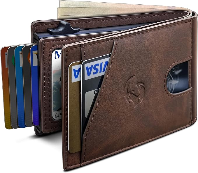 Wallet for Men, Slim Pop Up Card Holder with RFID Blocking, Minimalist Bifold Wallet with 9 Card Slots, ID Window and Cash Pocket, Metal Flip Case with Magnetic Closure, Gift Box by Housmai