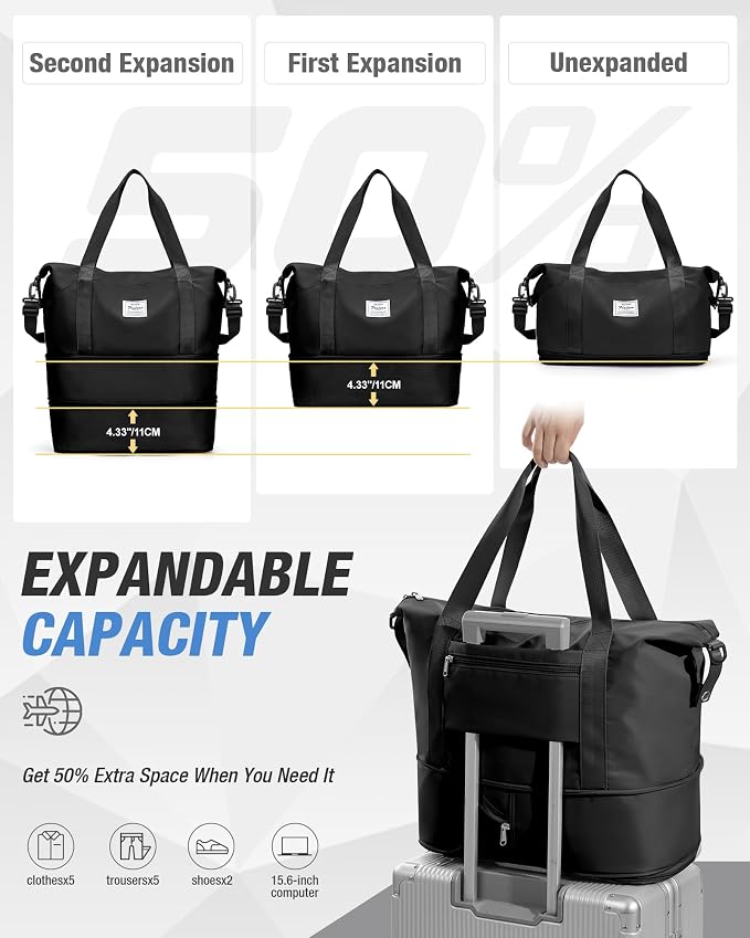 Expandable Travel Duffle Bag for Women Men, Large Gym Bag Travel Tote Bags, Waterproof Carry On Personal Item Bag Airline Approved, Workout Weekender Bag for Overnight Trips with Luggage Sleeve, Black | Waterproof Carry On Personal Item Duffel Bag 40L ... - Image 3