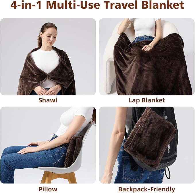 Packable Travel Throw Blanket, Coffee Brown | Soft lightweight wearable travel accessory with carry pouch, airplane blanket, road trips, office naps,outdoor camping - Image 2