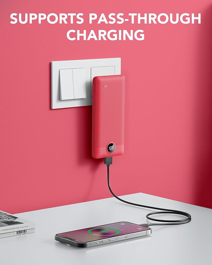 Portable Charger Built-in Cables and AC Wall Plug, VRURC USB C Power Bank 10000mAh, Travel Battery Portable Phone Charger Compact Lightweight External Battery Pack for SmartPhones,Tablets-Viva Magenta - Image 2