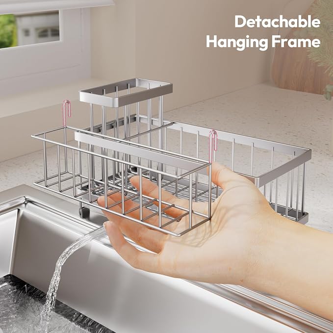 SWTYMIKI Sink Caddy Sponge Holder - Large Sponge Holder for Kitchen Sink with 360°Auto-Drain Tray, Rustproof Stainless Steel Kitchen Organizer Caddy for Countertop Organization - Image 7