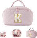 LOVEVOOK Travel Makeup Bag for Women, 2Pcs Puffer Waterproof Cosmetic Organizer, Large Capacity Pouch Open Flat Small Toiletry Bag with Brush Compartment & Handle (Pink-k, Medium) by LOVEVOOK