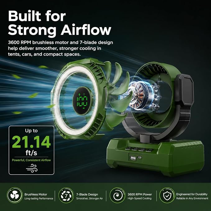 3-in-1 Portable Camping Fan, 20000mAh Rechargeable Fan with 1-100 Speeds | Auto-Oscillating Cordless Battery Powered Fan with 12H Timer, LED Lantern, Display, Gift for Men Women, Travel, Jobsite, Tent - Image 5