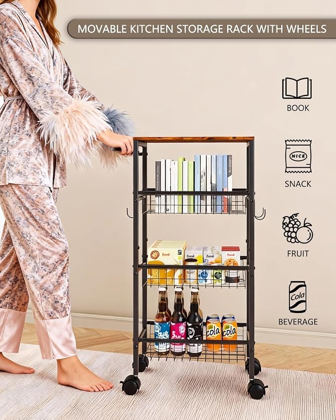 Rolling Utility Cart, 4-Tier Slim Narrow Storage Cart with Wheels for Kitchen, Laundry Room Organization, Metal Bathroom Organizer with Wood Top, Brown, 17.3" x 7.9" x 32.6" - Image 8