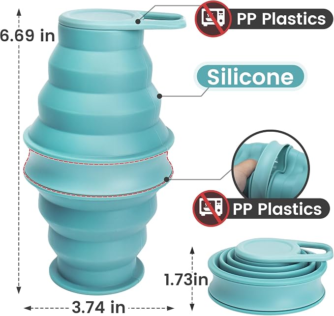 Collapsible Water Bottles 2 Pack 17 oz Silicone Foldable Travel | Portable, Reusable, 500 ml, with Carabiner, for Sport, Hiking, Camping, Running, Black, Blue - Image 5