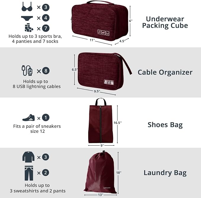 7 Set Compression Packing Cubes for Travel - Compressible, Lightweight, and Space-Saving Packing Cubes, Travel Essentials for Women, Wine - Image 4