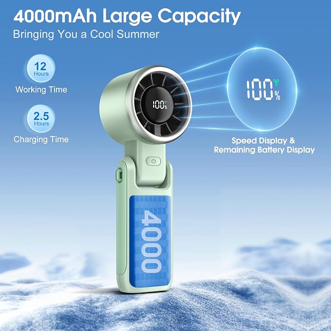 WHATOOK Portable Handheld Turbo Fan: 12m/s Strong Wind 15000RPM Mini Fan, 4000mAh Battery Rechargeable Personal Fan with LED Display, 3 in 1 Foldable Small Fan for Camping Beach Travel, Mint Green - Image 4