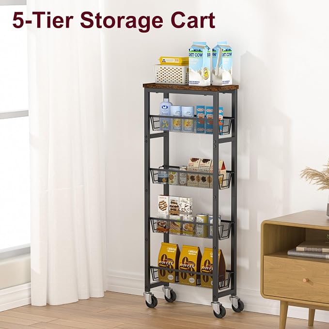 Slim Rolling Cart, 5-Tier Storage Cart, 9.1inch Narrow Kitchen Rolling Cart on Wheels for Small Space, Utility Cart Shelving Unit with Wooden Top and Metal Handle for Kitchen, Bathroom, Laundry Room - Image 6