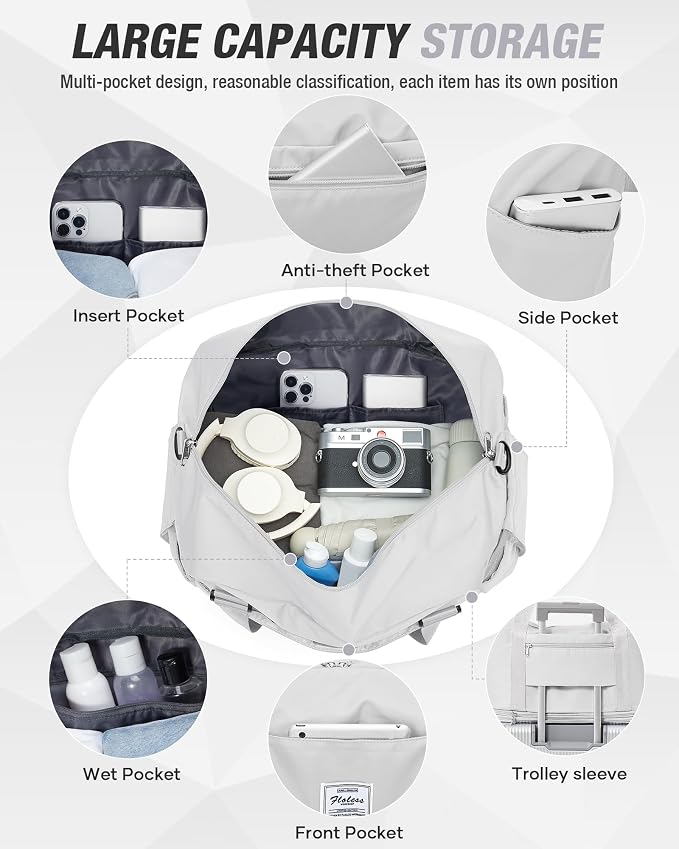 Expandable Travel Duffle Bag for Women Men, Large Gym Bag Travel Tote Bags, Waterproof Carry On Personal Item Bag Airline Approved, Overnight Workout Weekender Bag with Luggage Sleeve, Light Grey | Waterproof Carry On Personal Item Duffel Bag 40L Doubl... - Image 5