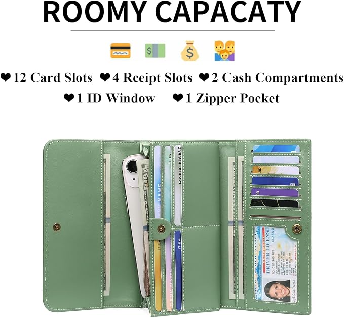 GOIACII Leather Wallets for Women RFID Blocking Western Clutch Green | Embossed Design, Trifold, Large Billfolds, Vintage Flower, Ladies Purses with Zipper Coin Pocket - Image 2