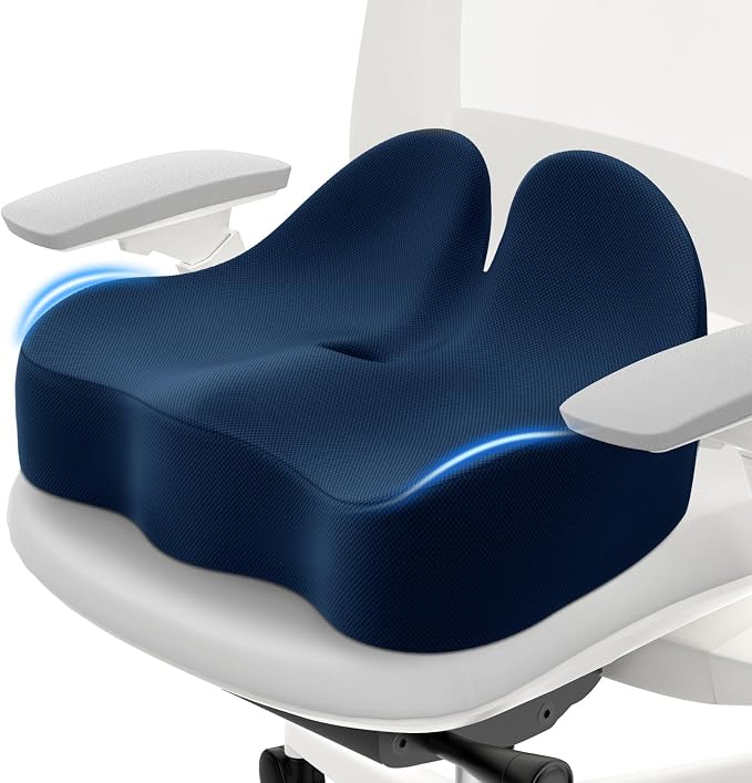Memory Foam Seat Cushion, Ergonomic Office Chair Cushion for Long Sitting | Curved Tailbone Support Cushion for Car, Desk Chair and Wheelchair, Coccyx Comfort Pad with Breathable Cover, X-Large, Blue by CushZone