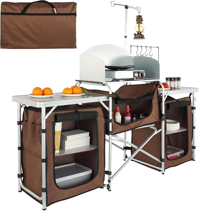 VEVOR Camping Kitchen Table, Folding Outdoor Cooking Table with Storage Carrying Bag, Aluminum Cook Station 3 Cupboard & Detachable Windscreen, Quick Set-up for Picnics, BBQ, RV Traveling, Brown by VEVOR