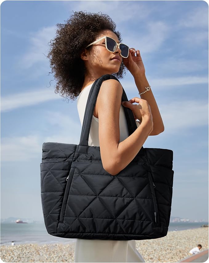 BAGSMART Tote Bag for Women, Puffer Tote Bag with Zipper, Large Quilted Shoulder Bag with Compartments for Travel, Work, Gym - Image 3