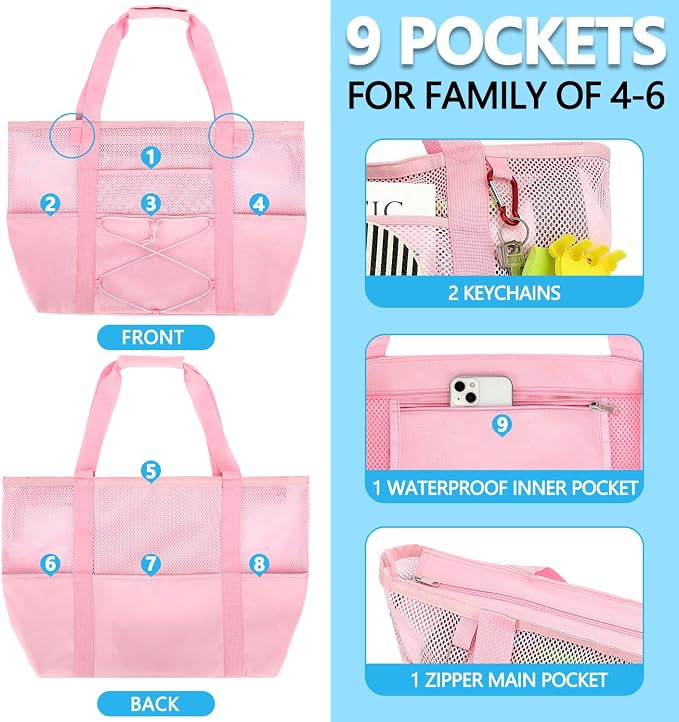Fammart Mesh Beach Bag for Women, Large Beach Toy Pool Bag with Zipper Pocket, SandProof Cruise Essentials 2026 Family Travel - Image 4