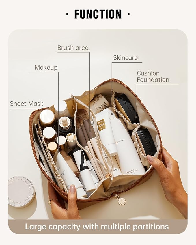 EACHY Travel Makeup Bag for Women, PU Leather Cosmetic Bag, Brown, Medium | Water-resistant PU leather exterior with flat-open access, clear TPU brush compartment and organized storage for cosmetics - Image 2