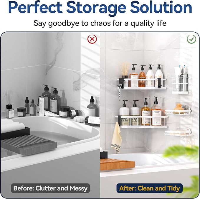 Corner Shower Caddy Adhesive, 100% Rustproof Shower Organizer with Soap and Troothbrush Holder, No Drill Shower Shelf for Inside Shower, Wall-Mounted Shower Storage for Homes (5 Pack, White) - Image 8