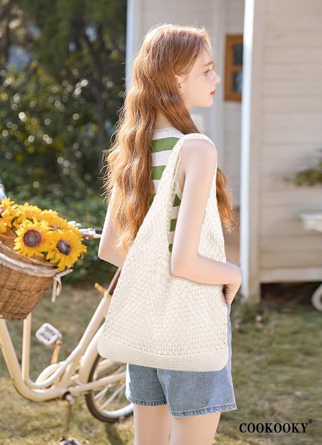 COOKOOKY Crochet Beach Tote bag Summer Beach Bag for Women Aesthetic Mesh Tote Bag Hippie Bag Knit Bag - Image 7