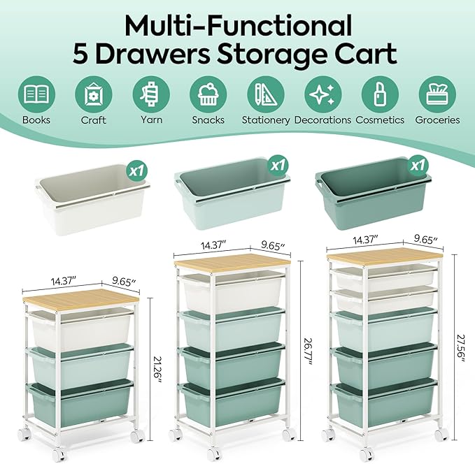 KINGBOARD Slim Rolling Cart with 3 Drawers, Metal Utility Storage Cart | Wooden Tabletop, Lockable Wheels, Under Desk Trolley for Bedroom, Children's Room and Office Organization, Green - Image 2