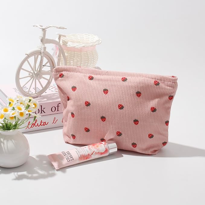 Cosmetic Bags for Women - Corduroy Cosmetic Bag Aesthetic Women Handbags Purses Smile Dots Makeup Organizer Storage Makeup Bag Girls Case Bags (Flowers-Pink strawberry) - Image 2
