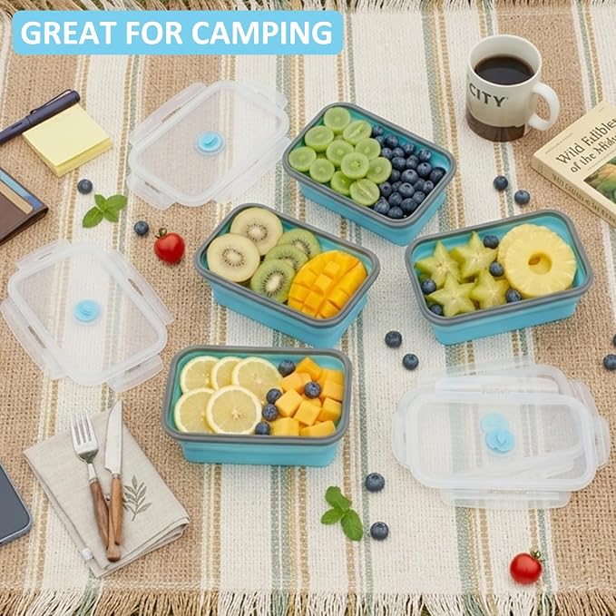 Collapsible Food Storage Containers with Airtight Lid & Vent Valve, 27 oz, Annaklin Kitchen Stacking Silicone Collapsible Meal Prep Container Set for Leftover, Microwave Freezer Safe, Blue, Set of 4 - Image 7