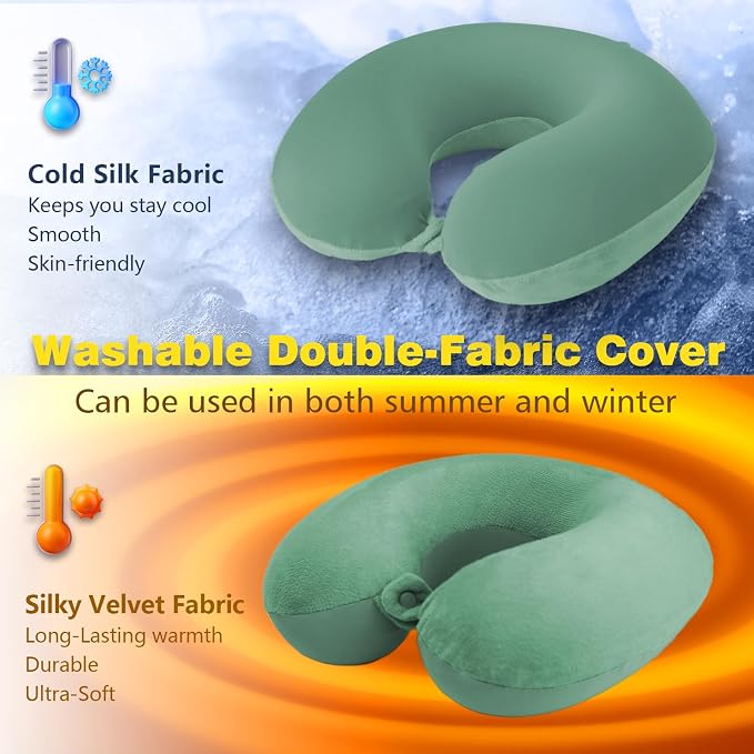 Travel Pillow, Memory Foam Neck Pillow for Traveling, U Shape Airplane Portable Flight Pillow Adult Travel Neck Pillow for Plane Train Car Home Office (Green) - Image 2