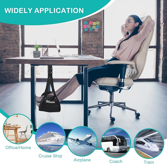 Airplane Foot Hammock | Adjustable Travel Footrest with Memory Foam | Portable Footrest Under Desk for Work Or Travel Relaxation | Comfortable Flight Carry-on Foot Rest - Black - Image 5