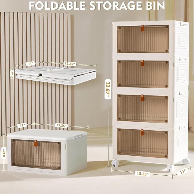 YFXCVSL 4 Tier Plastic Storage Bins with Lid 23QT, Stackable Storage Bins | Plastic Storage Bins with Wheels, Folding Storage Boxes, Organizers and Storage for Living Room,Office,Dorm - Image 2
