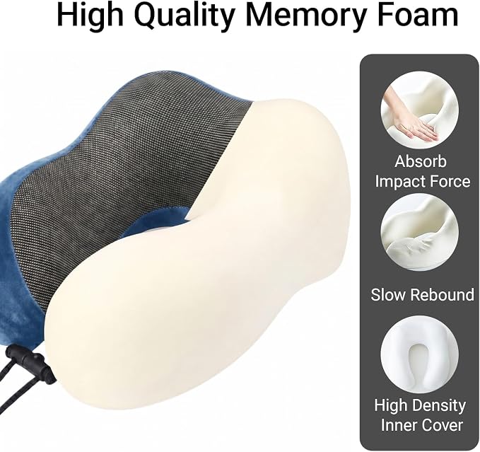 Travel Neck Pillow, 100% Memory Foam, U-Shaped with Storage Box, Blue | 100% memory foam with 360-degree support & adjustable buckle. Compact storage box. Machine washable cover. Fits all necks. - Image 3