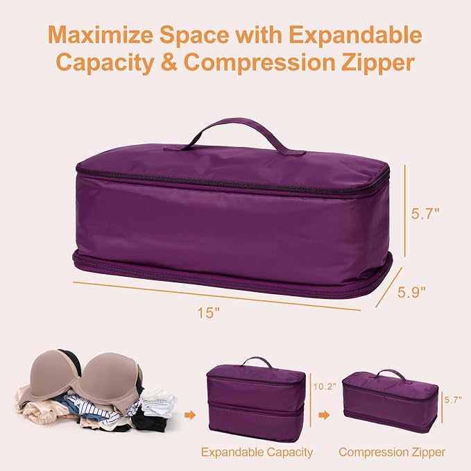 Cambond Travel Underwear Organizer Bag - Bra Organizers for Luggage | Fits A to 36D, 4-in-1 Soft Double Layer, Compression Zip Design, Expandable Compartments Keep Clothes Sorted, Luggage Tidy - Image 4
