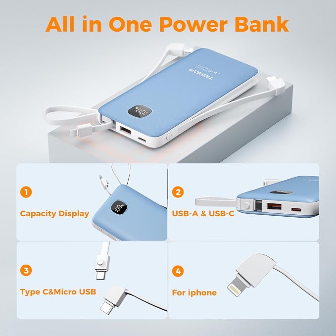 TESSAN Portable Charger with Built in Cables, 10000mAh Power Bank Fast Charging with Foldable AC Plug, PD20W Compact Battery Pack Travel Essentials for iPhone 17/16 Series, Samsung, Tablets, Blue | PD20W USB C Fast Charging with Foldable AC Outlets, Tr... - Image 7