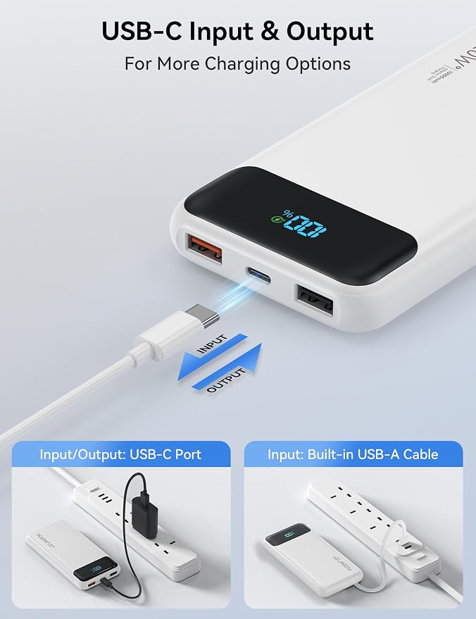 Nusyddy Portable Charger 10000mAh 22.5W w/4 Built-in Cables/6 Outputs White | 22.5W Fast Charging, LED Display, Pass Through Charging, Charge 6 Devices at once, TSA Approved, Fits iPhone, iPad, Samsung - Image 6