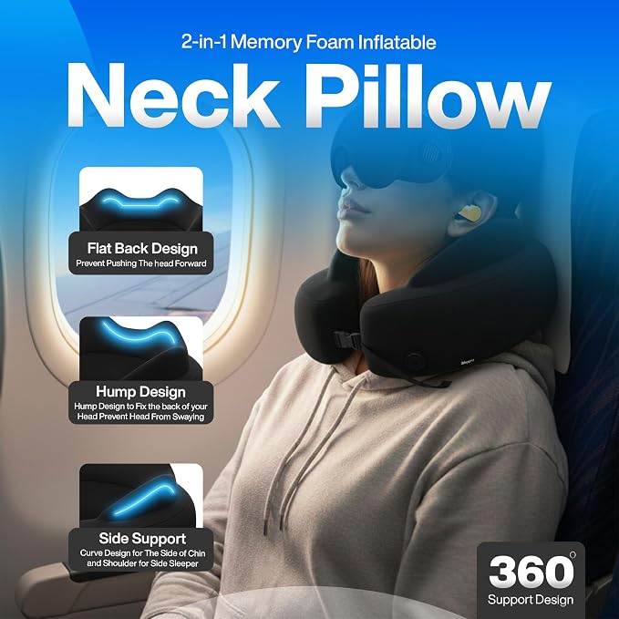 4-in-1 Travel Set – Inflatable Neck Pillow, Convertible Lumbar Support & Foot Hammock, 3D Sleep Mask & Ear Plugs – Complete Comfort Kit for Airplane, Office & Car – Gift-Ready (Black) - Image 3