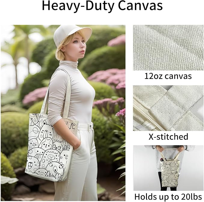 itgowisa Canvas Tote Bag for Women, Tote Bag with Zipper Inner Pocket, Zippered Canvas Bag for Shopping Work Grocery Everyday - Image 2