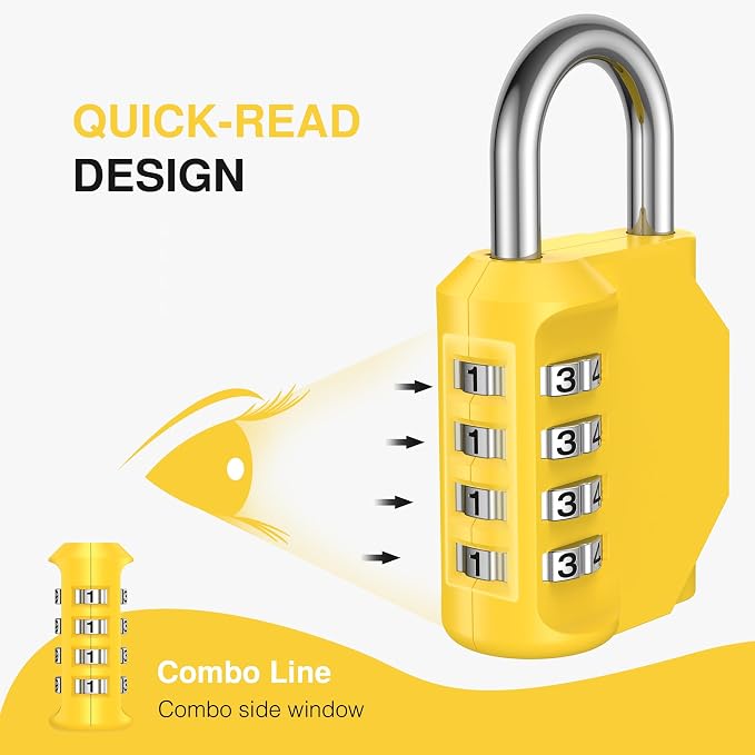 Puroma 1 Pack Combination Lock Locker 4 Digits Combo Padlock Gym Yellow | For School Gate Fence Toolbox Hasp Storage, Outdoor, Resettable, Weatherproof, Side Window, Crack Cut Resist, Hardened Steel - Image 3