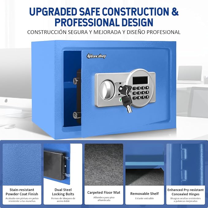 Voncabay Money Safe Box for Home with Digital Keypad, 0.8 Cu. Ft., Blue | Alloy Steel, 2 Fireproof Bags, Digital Keypad with Display, Removable Shelf, Fits A4, 13.8 x 9.85 x 9.85 In. - Image 4