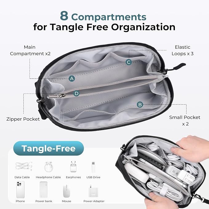 FYY Travel Cable Organizer - 8 Compartments, Lightweight, Water Repellent | With Wrist Strap, Portable Tech Pouch for Cord Charger, Travel and Business Trips Use, Soft Shell Nylon, Black (Large) - Image 4