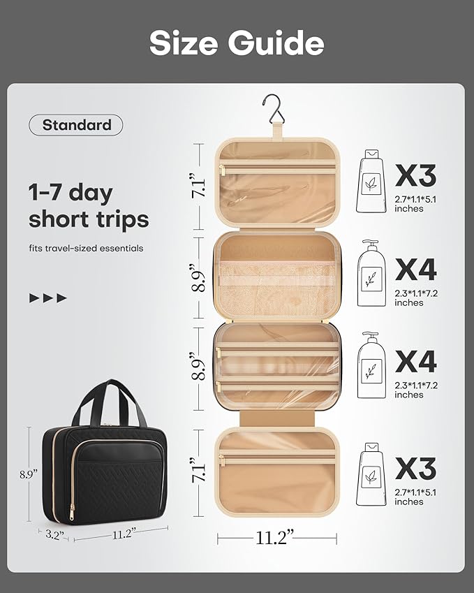 HOTOR Hanging Travel Toiletry Bag Women Men, Black, Medium | Waterproof Makeup Bag Hanging Hook,Multiple Pockets,Travel Essentials,11.2 x 3.2 x 8.9inches - Image 4